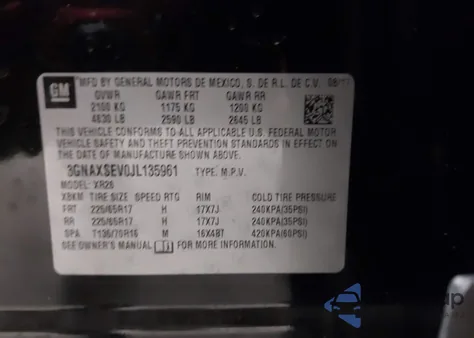 2018 Chevrolet Equinox Lt из США, поврежденный, VIN 3GNAXSEV0JL135961